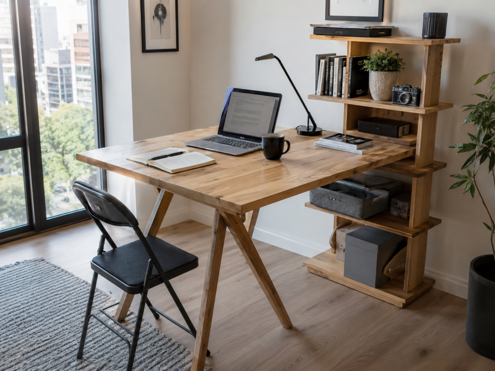 Table pliante avec étagères de rangement en bois massif : la solution gain de place intelligente