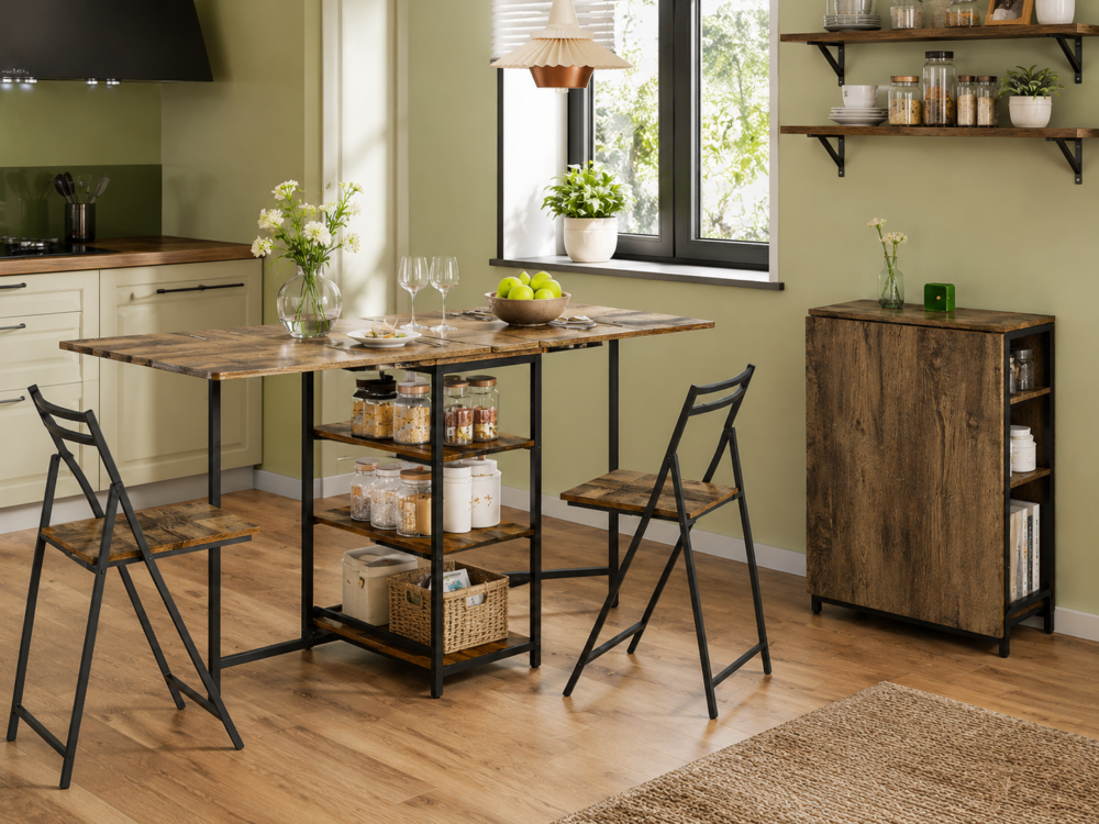 Table pliante avec étagères de rangement pour petit espace
