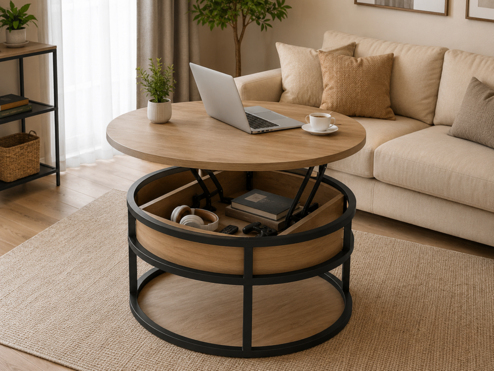 Table basse ronde avec plateau relevable : confort et rangement