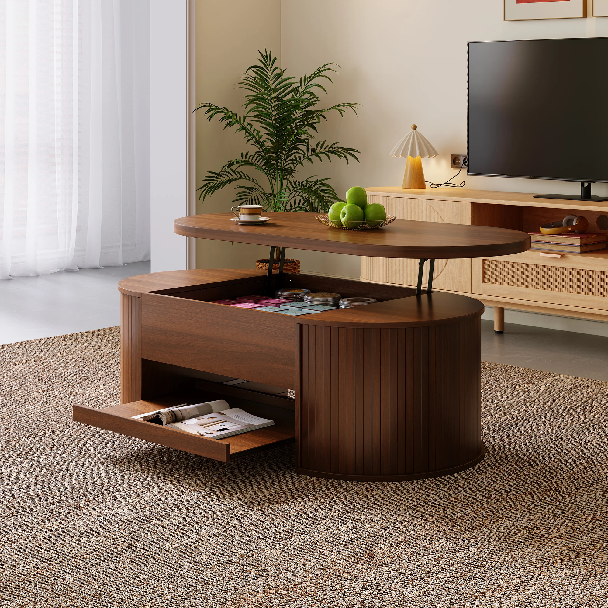 Table basse relevable en noyer avec rangement