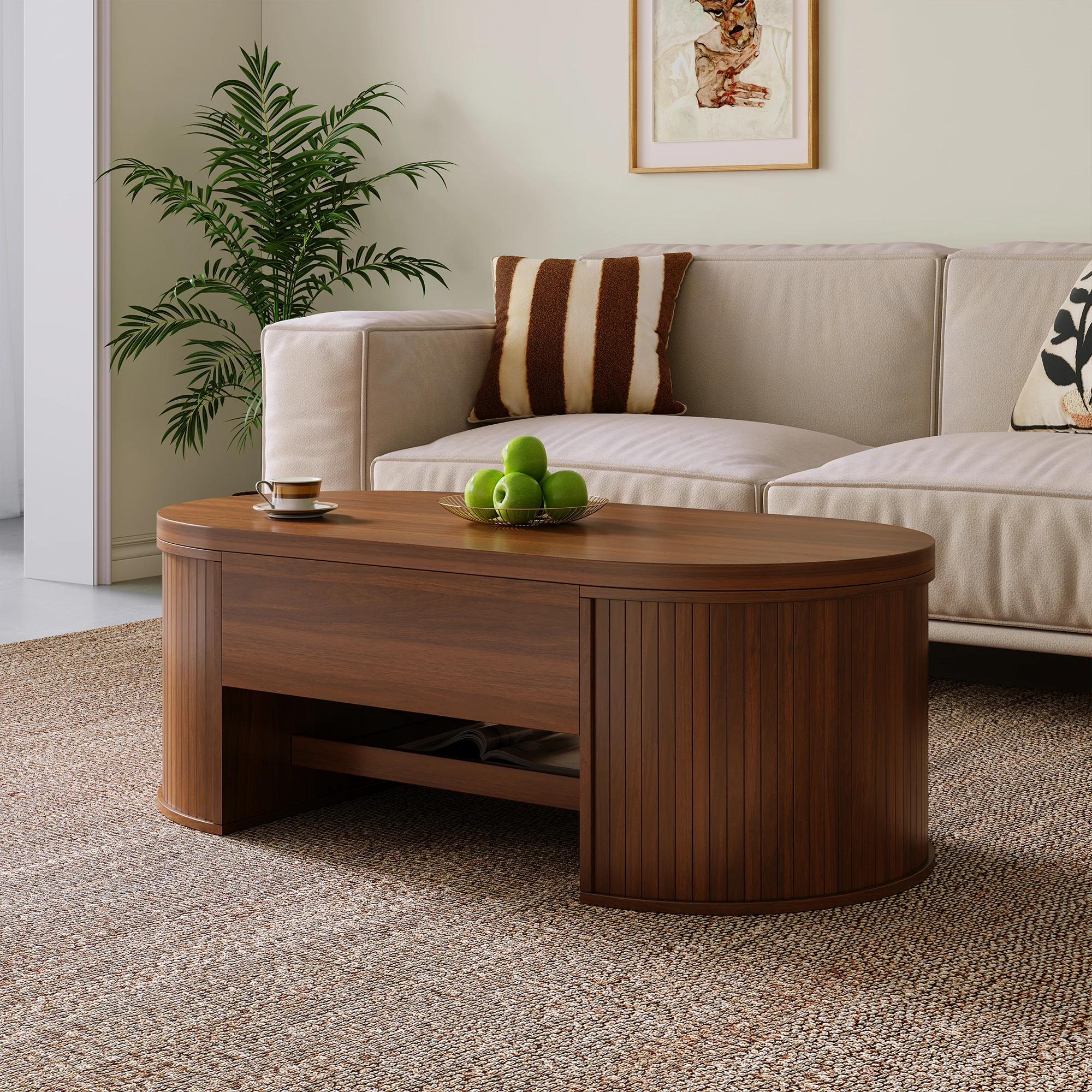 Table basse relevable en noyer avec rangement
