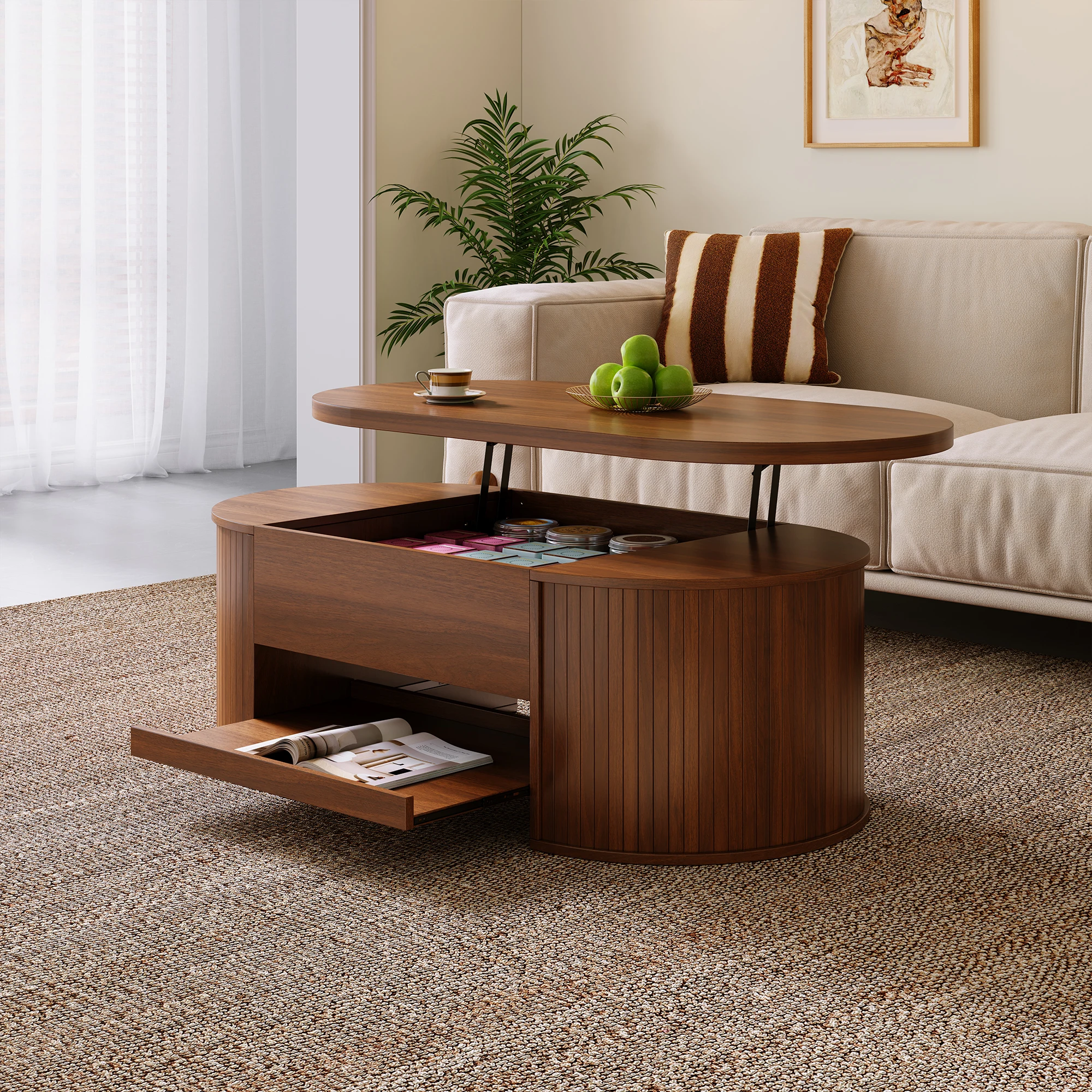 Table basse relevable en noyer avec rangement