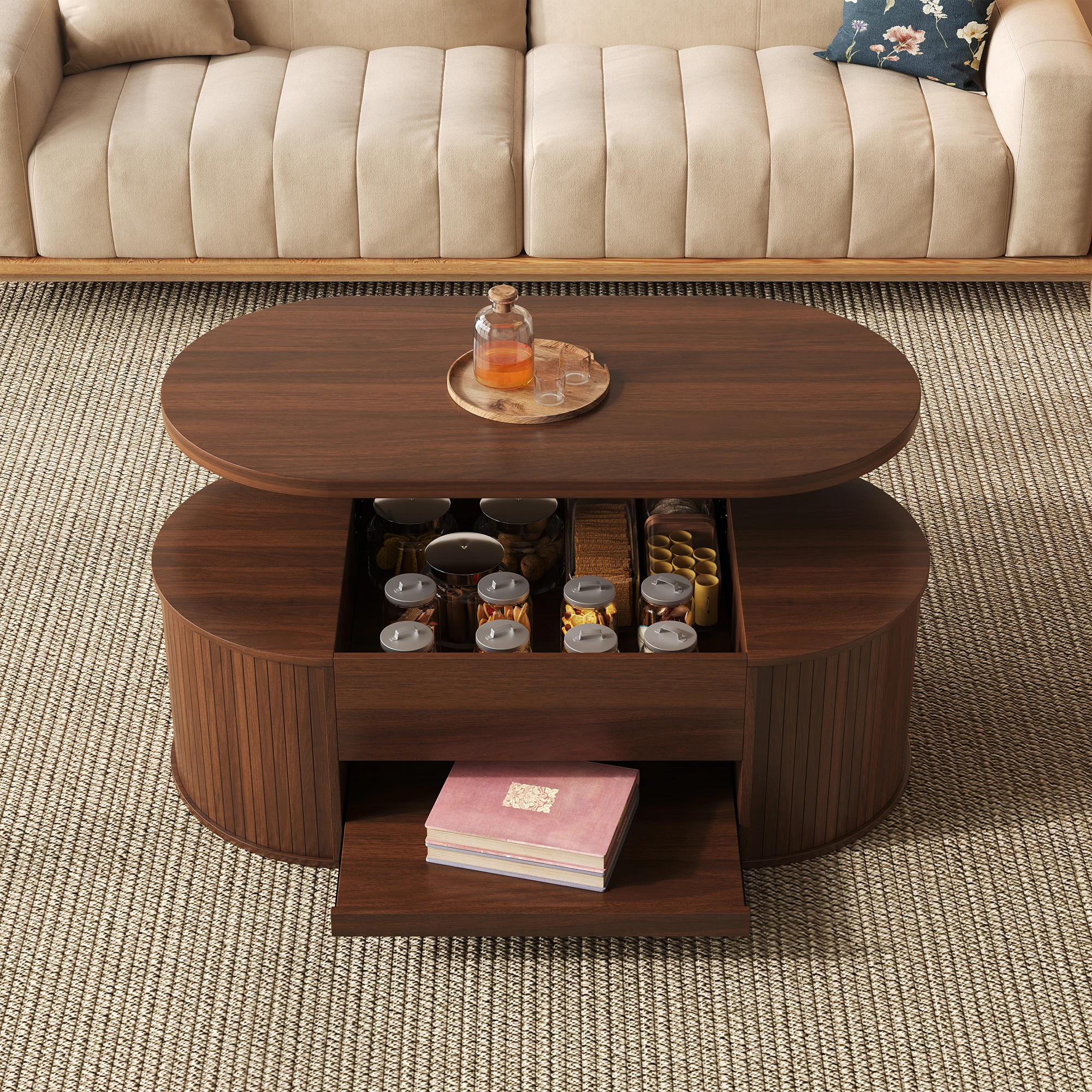 Table basse relevable en noyer avec rangement