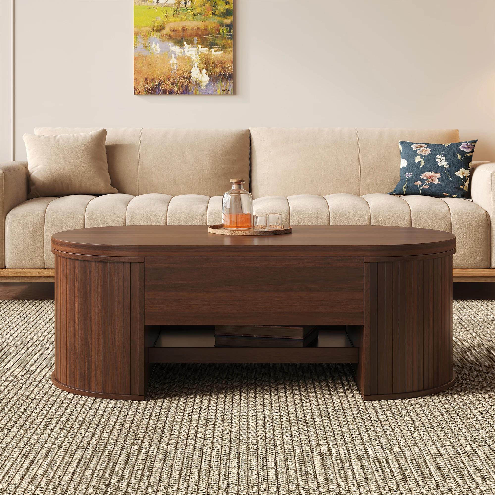 Table basse relevable en noyer avec rangement